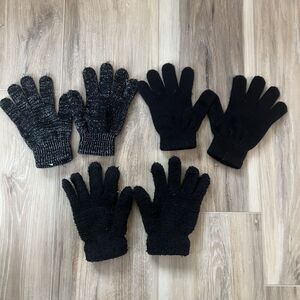 Bundle Lot of 3 Pair of Girls Childrens Gloves Sz 6-12 Black & Sparkly Glitter